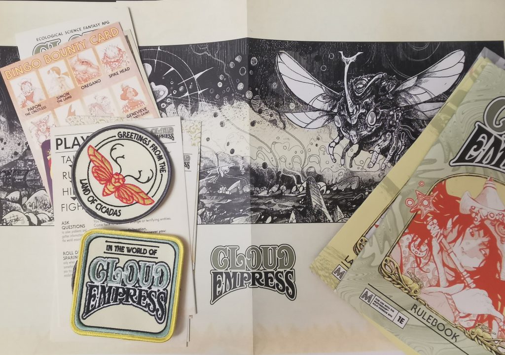 a photograph of various items from the Cloud Empress rpg. Rules, player cards, sew on patches etc.