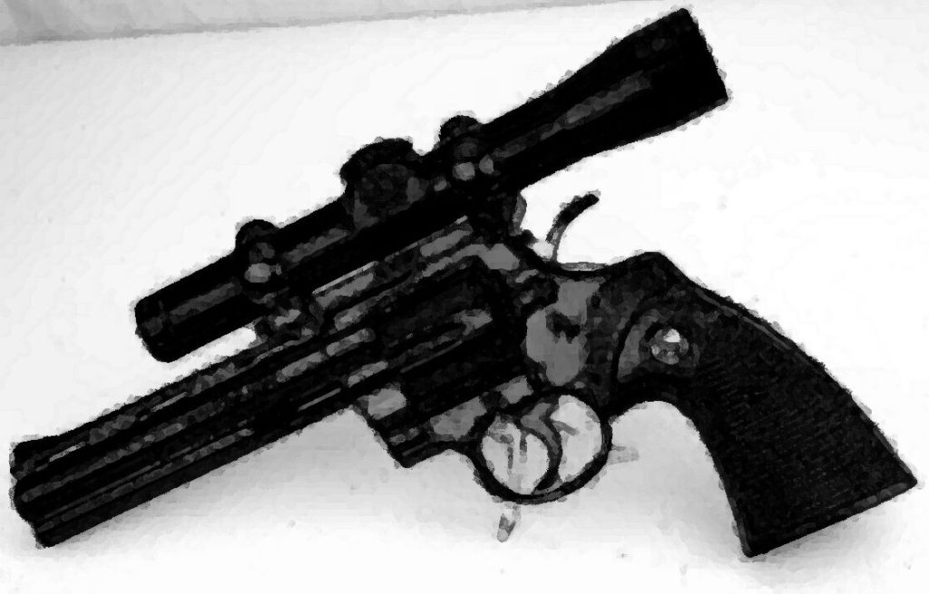 a stylized image of a scoped Colt Python revolver